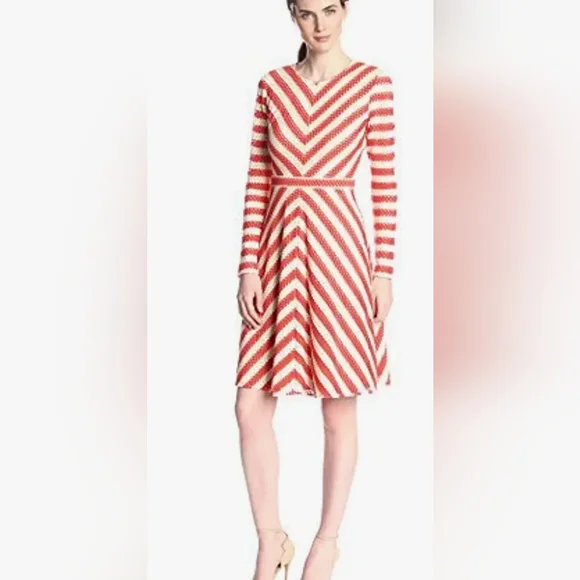 Bcbgmaxazria Red Striped Kristina Long Sleeve Fit And Flare Dress Size Medium Bcbgmaxazria Red Striped Kristina Long Sleeve Fit And Flare Dress Size Medium